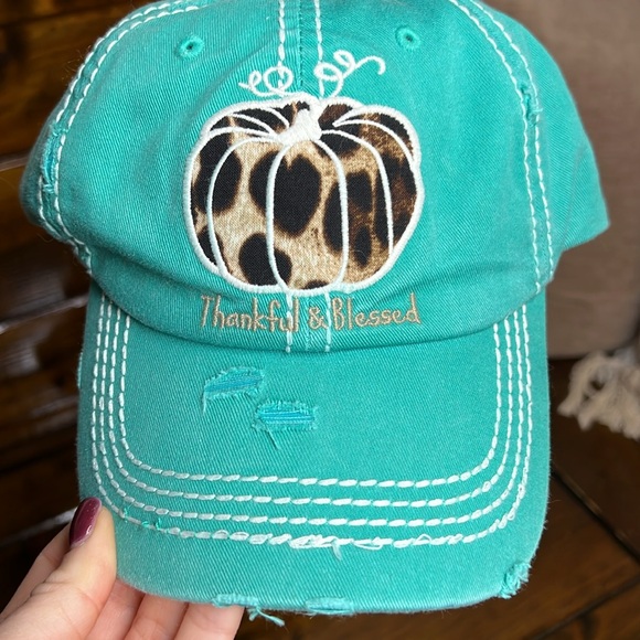 NWT Boutique Thankful & Blessed Turquoise and Leopard Print Hat- OS - Picture 3 of 7